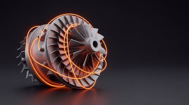 3D Digital Thread concept with glowing orange fiber wrapping an industrial aluminum turbine