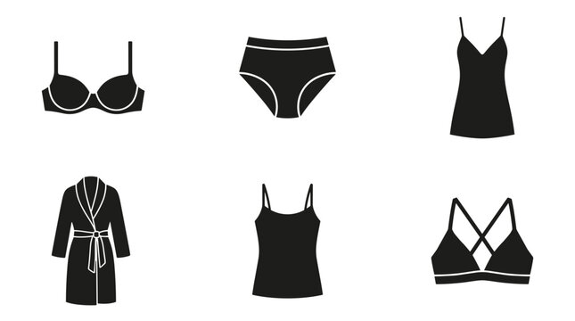 Set of black flat lingerie icons featuring bra panties nightgown robe camisole, elegant women apparel, feminine fashion accessories