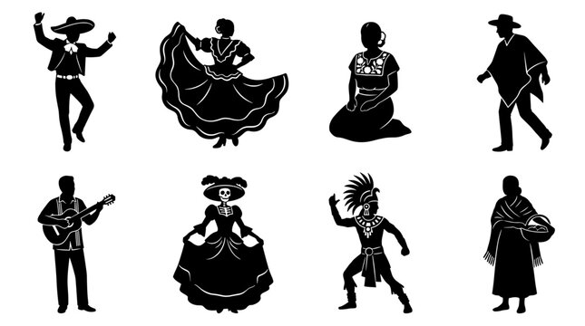 Set of black silhouettes showing traditional Mexican culture, folk dance, regional costumes, history, celebration, festive heritage, cultural
