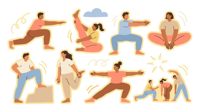 Set of diverse people performing various stretching and warm-up exercises, physical activity, fitness routine, wellness and healthy lifestyle