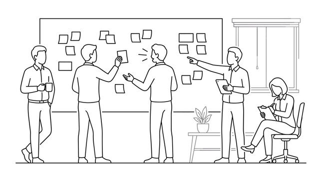 Business team collaborating in office meeting, colleagues brainstorming ideas on whiteboard, teamwork strategy, professional work environment line