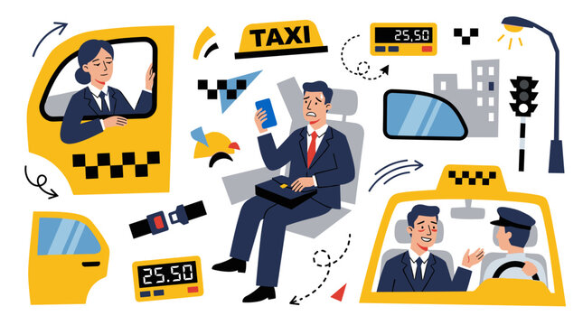 Set of taxi service elements with commuters, business people, car parts, and city infrastructure, urban transport navigation, professional travel