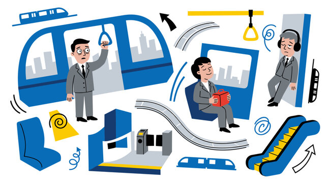 Business people traveling in public transport scenes, office employees commuting in city train, escalator and subway environment, urban transit