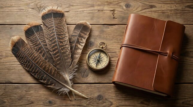 A vintage journal with a brass compass and turkey feathers resting on a rustic wooden table, perfect for planning a trip to a turkey conservation area.
