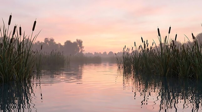 A serene view at the turkey conservation area featuring calm water reflections and swaying cattails during a soft pastel sunrise in the morning mist