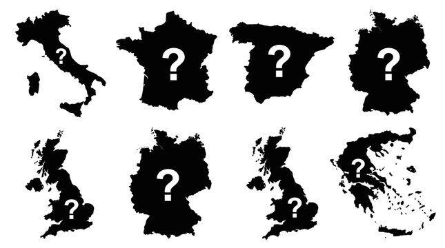 Set of black silhouette European country maps with question marks, travel mystery, geography quiz, unknown location, border education, study material
