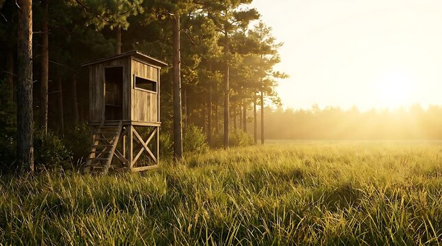 A wooden hunting blind situated in a serene turkey conservation area at sunrise within a tranquil forest landscape during the beautiful morning light.