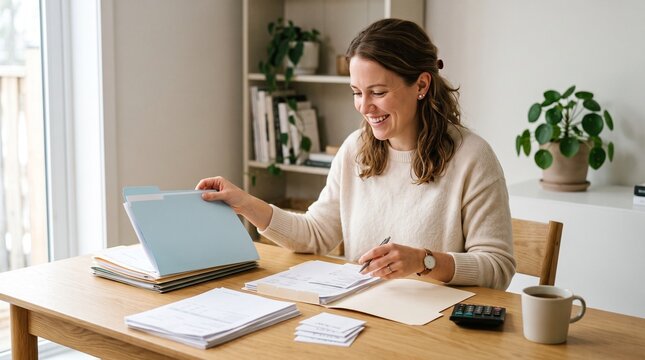 Woman working at desk with files and calculator, smiling and looking at documents