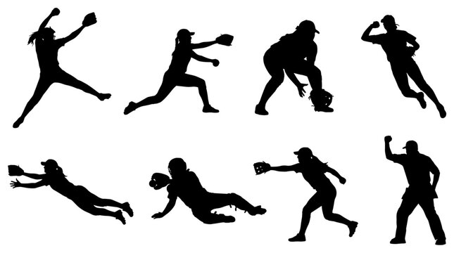 Set of isolated black softball player silhouettes in dynamic action poses, pitching batting and fielding, perfect for sports branding and signage