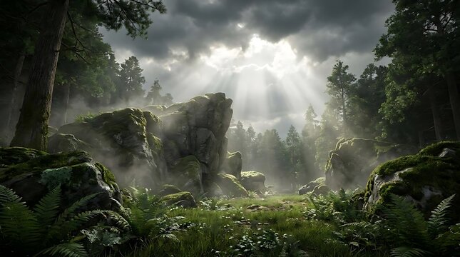 A sunlit misty clearing within a peaceful turkey conservation area featuring mossy rocks and ferns in a lush forest landscape during an overcast day
