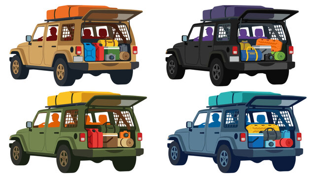 rear view set of four adventure offroad vehicles packed with camping gear and travel supplies, exploration transportation and wilderness tourism