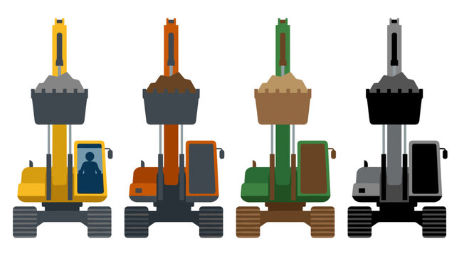 Rear view vector set of heavy construction machinery excavators in various colors for site development, industrial equipment, building projects