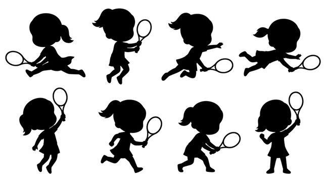 Set of black silhouettes featuring girls playing tennis in various dynamic action poses, perfect for sports emblems and physical activity branding