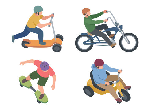Set of top down view urban transport activities, people riding scooter, chopper bicycle, skateboard, drift trike, city recreation, summer lifestyle