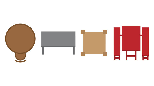 Top down view set of simple furniture icons including chair bench table and desk for architecture floor plan layout and interior design visualization