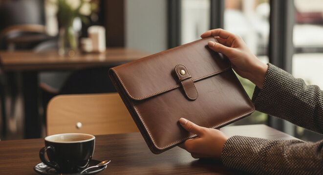 Hands presenting a classic brown leather laptop sleeve with a secure clasp.