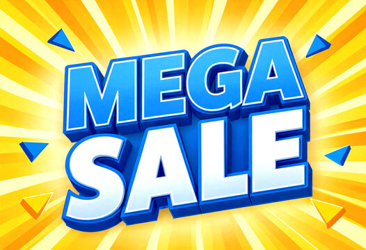 Bright and colorful mega sale promotional banner with bold blue letters and radiant sunburst background