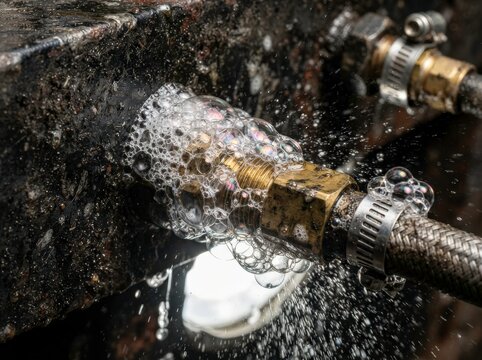 A close-up shot shows a leaking pipe fitting, with water gushing out and creating bubbles. The fitting appears to be made of brass, with a metal hose attached via a clamp.
