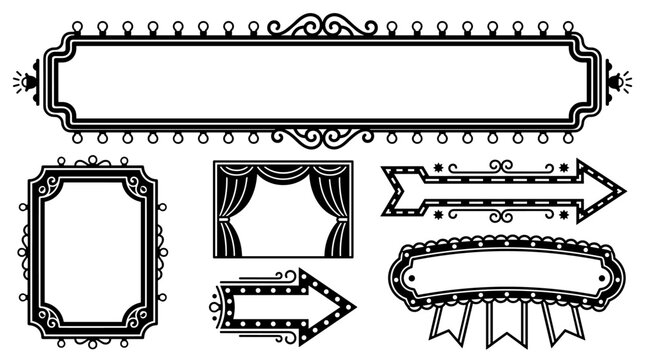 Set of decorative vintage frames, ornate borders, elegant scrollwork, flourish banners, signpost arrows, classic victorian style labels for print