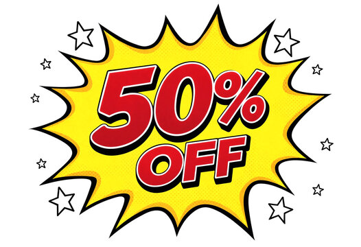 Bright explosive comic style sale banner with fifty percent off text isolated illustration