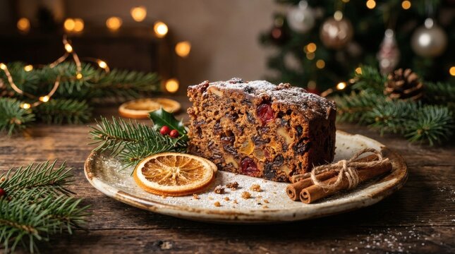 Delicious slice of traditional Christmas fruitcake dusted with powdered sugar on a rustic plate with cinnamon sticks and orange slices