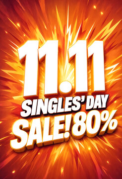 Bright explosive sale banner with bold text advertising singles day discount event up to eighty percent