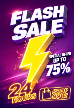 Bright flash sale advertisement poster with lightning bolt and discount offer up to seventyfive percent