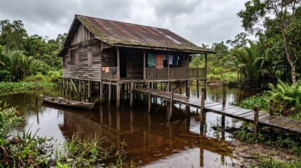 Fototapeta premium Traditional Indonesian wooden stilt house built over tropical river with small wooden boat.
