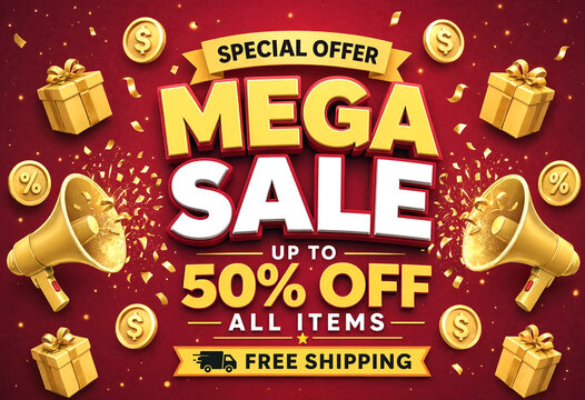 Bright mega sale promotional banner with golden elements and discount offers up to fifty percent off