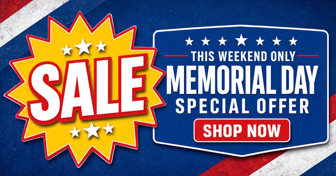 Bright memorial day weekend sale banner with starburst and patriotic colors perfect for promotions