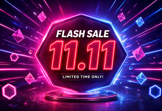 Bright neon flash sale banner with glowing geometric shapes and digital background for limited time promotion event