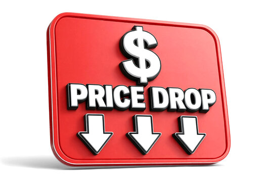 Bright red price drop sign with dollar symbol and arrows pointing downward