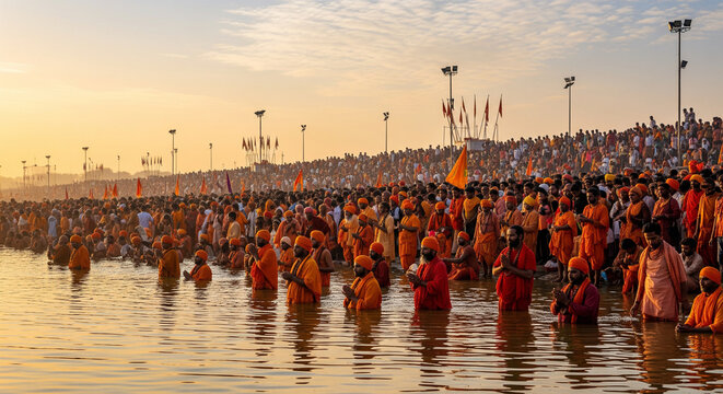 Devotees performing sacred bathing ritual in holy waters at sunrise.