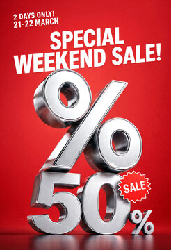 Bright red sale advertisement poster with large metallic fifty percent off sign and weekend promotion details