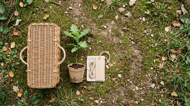 Eco-friendly green burial kit with wicker casket and tree sapling for natural funeral