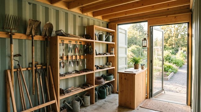 Modern community tool library inside a repurposed shipping container garden shed.