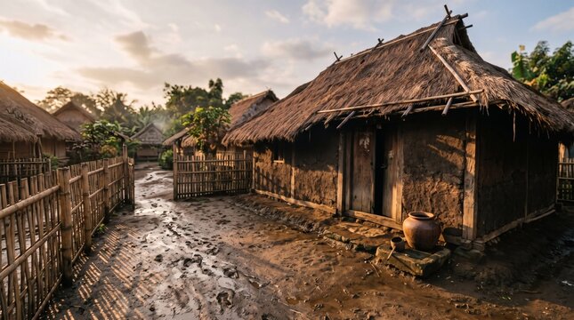 Rustic Indonesian earthen mud cottage with thatch roof and bamboo fence in rural village setting.