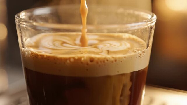 Close-up of creamy milk being poured into a glass of iced coffee
