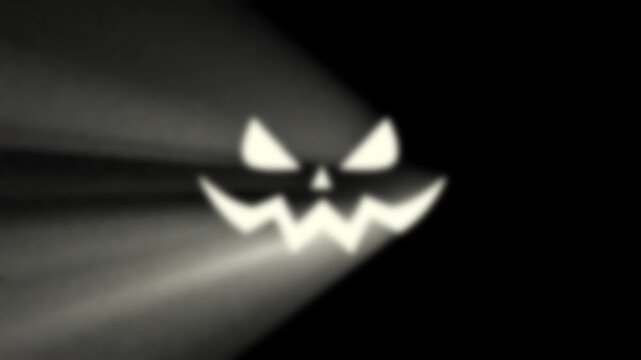 Dark Halloween Monster Face Loop Animation with Glowing White Eyes and Sinister Smile, Dramatic Light Rays on Black Background for Horror, Spooky, Scary, Cinematic Video Projects and Visuals