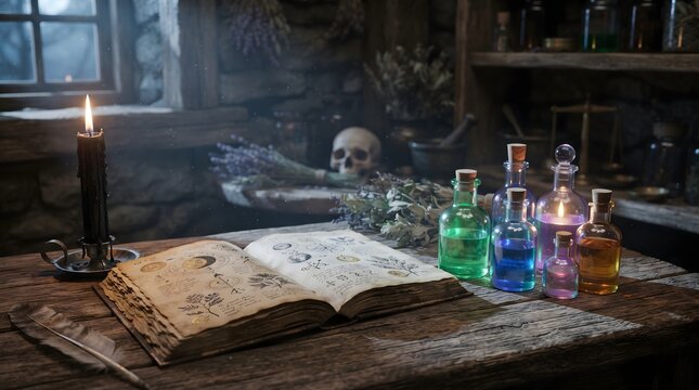 An open ancient grimoire with celestial drawings sits on a rustic wooden table alongside colorful glowing potion bottles, a lit black candle, a quill, and a human skull in a dimly lit medieval alch...