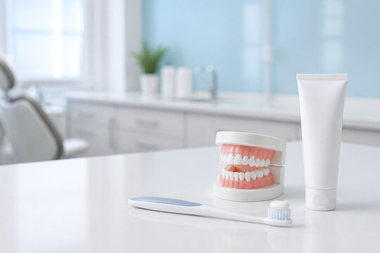 Wide Clinic of Fluoride Toothpaste and Cavity Prevention Supplies in a Bright Modern Dental Clinic
