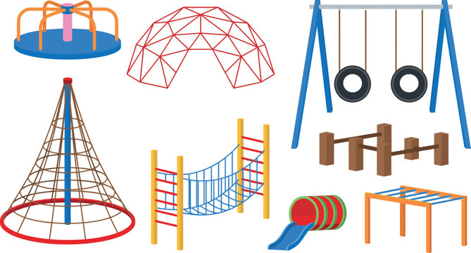 Kids playground equipment vector set featuring swings slide monkey bars climbing net rope and merry go round icons
