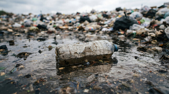 Close up discarded transparent plastic water bottle floating muddy puddle water blurry trash dump background water pollution planetary ecology crisis global problem commercial concept