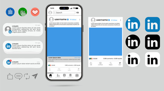 LinkedIn professional social network mobile app interface, business profile mockups, corporate networking UI layouts