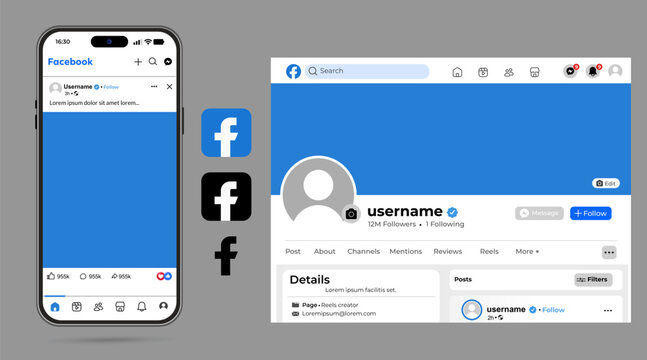 Facebook social network profile and page design template, modern desktop and mobile UI mockups, community layout screens