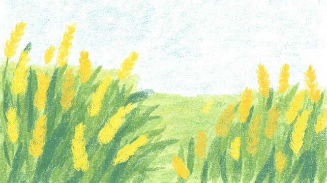 Hand-painted watercolor illustration of a sunny rural landscape with tall yellow crops and green grass.