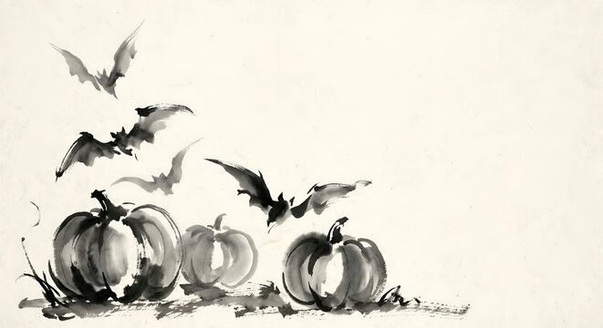 Halloween background with ink wash painting pumpkins and bats, copy space