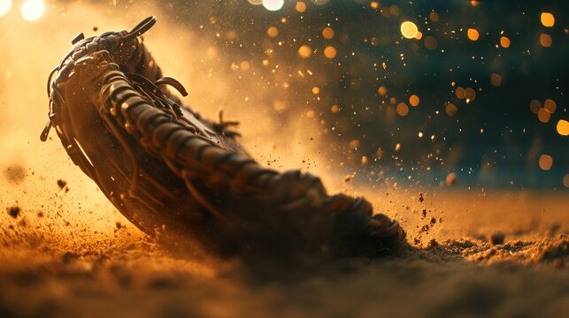 Baseball catchers mitt action in the dust