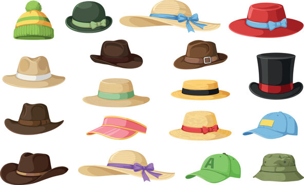 Various classic and seasonal hats cartoon vector illustration collection featuring fedora top hat baseball cap sunhat and cowboy gear