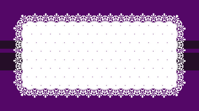 Gothic deep purple background with ornate white lace doily frame and dotted note canvas